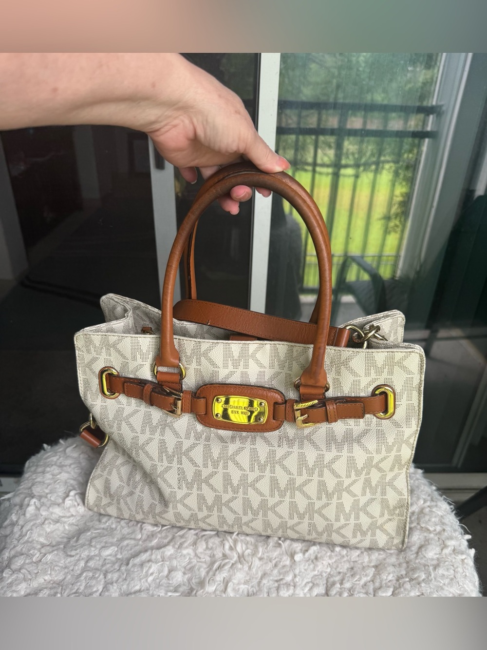 Michael Kors Beige MK Logo Satchel with Brown Leather Trim - Picture 6 of 6